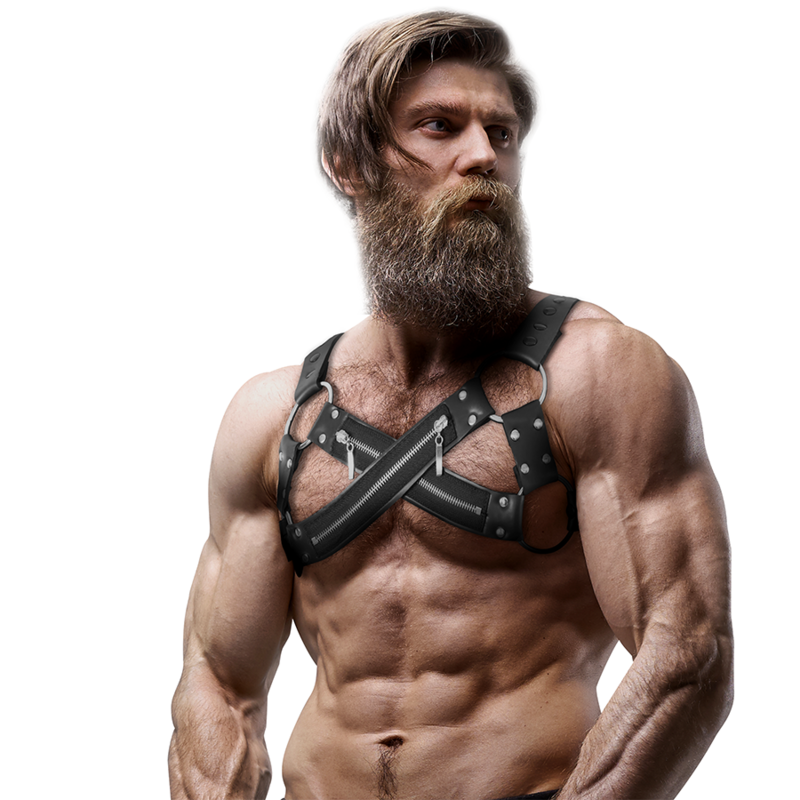 FETIŠ SUBMISSIVNÍ POSTOJ - NASTAVITELNÝ NEOPRENOVÝ PŘEKŘÍŽENÝ HRUDNÍ POSTROJ BULLDOG SE ZIPY PRO MUŽE