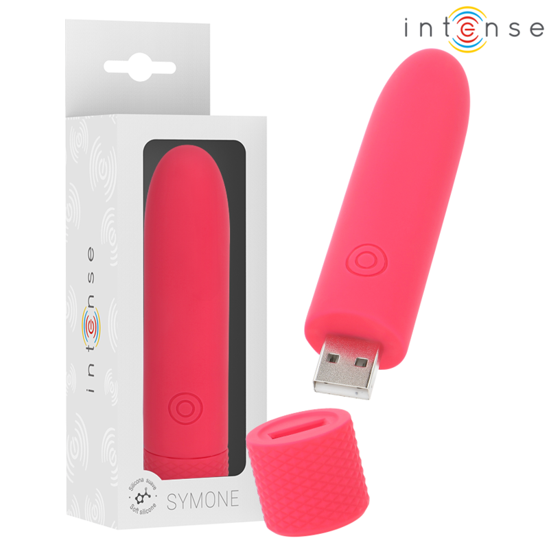 INTENSE - SYMONE USB DOBÍJECÍ VIBRACE BULLET 8 VIBRACÍ ČERVENÁ 10 X 2,2 CM