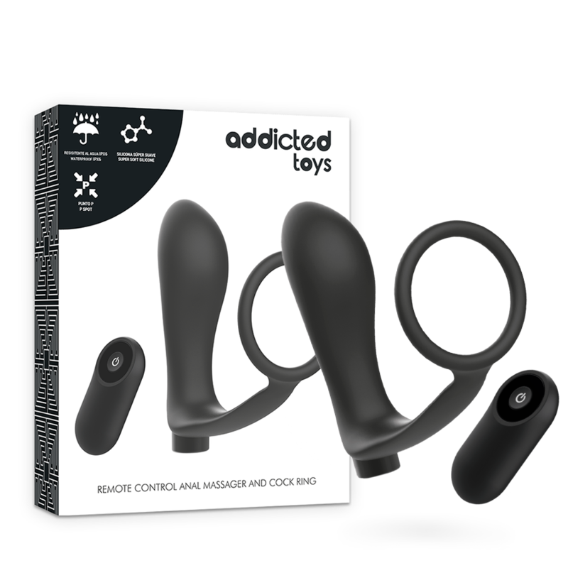 ADDICTED TOYS - PENISOVÝ KROUŽEK S DÁLKOVÝM OVLÁDÁNÍM, ANÁLNÍ KOLEČKA, ČERNÝ, DOBÍJECÍ