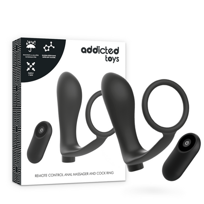 ADDICTED TOYS - PENISOVÝ KROUŽEK S DÁLKOVÝM OVLÁDÁNÍM, ANÁLNÍ KOLEČKA, ČERNÝ, DOBÍJECÍ