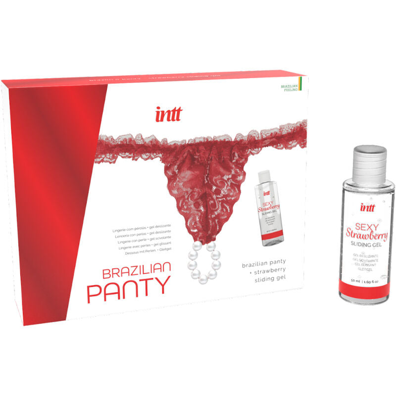 INTT RELEASES - BRAZÍLSKÉ ČERVENÉ KALHOTKY S PERLAMI A LUBRIKAČNÍM GELEM 50 ML