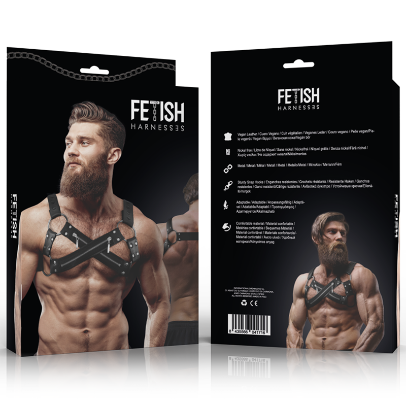 FETIŠ SUBMISSIVNÍ POSTOJ - NASTAVITELNÝ NEOPRENOVÝ PŘEKŘÍŽENÝ HRUDNÍ POSTROJ BULLDOG SE ZIPY PRO MUŽE