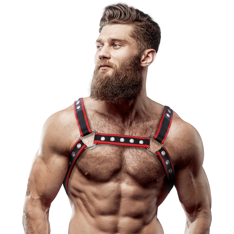 FETISH SUBMISSIVE ATTITUDE - PÁNSKÝ HRUDNÍ POSTROJ PRO BULLDOGY Z EKOKOŽE, ČERNO-ČERVENÝ