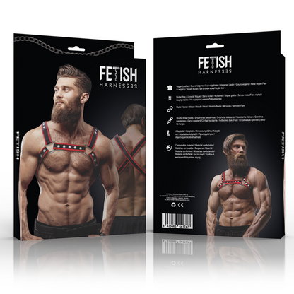 FETISH SUBMISSIVE ATTITUDE - PÁNSKÝ HRUDNÍ POSTROJ PRO BULLDOGY Z EKOKOŽE, ČERNO-ČERVENÝ