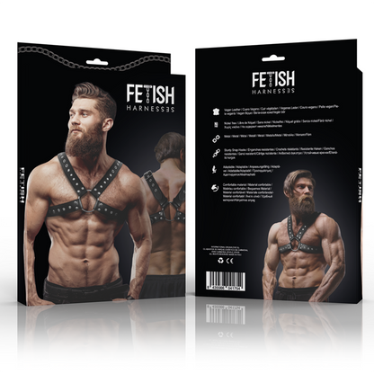 FETIŠ SUBMISSIVNÍ POSTOJ - PÁNSKÝ PŘEKŘÍŽENÝ HRUDNÍ POSTROJ Z EKOKOŽE S CVOKY