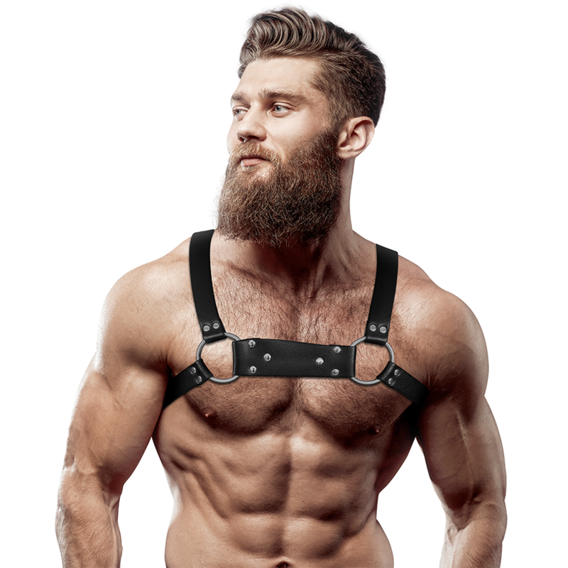 FETIŠ SUBMISSIVNÍ POSTOJ - PÁNSKÝ HRUDNÍ POSTROJ BULLDOG Z EKOKOŽE, VELIKOST M/L