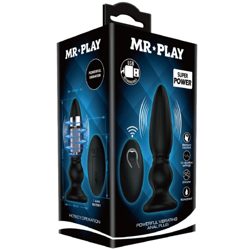 MR PLAY - VÝKONNÝ VIBRÁTOR S DÁLKOVÝM OVLÁDÁNÍM ANÁLNÍHO KOLEČKU ČERNÝ