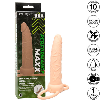 CALEXOTICS - PERFORMANCE MAXX DOBÍJECÍ DVOJITÝ PENETRATOR SVĚTLÁ POKOŽKA