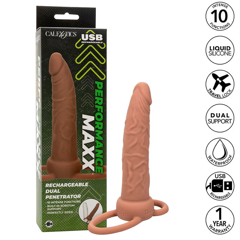 CALEXOTICS - PERFORMANCE MAXX DOBÍJECÍ DVOJITÝ PENETRÁTOR HNĚDÁ KŮŽE