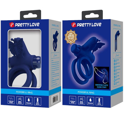 PRETTY LOVE - DVOJITÝ KROUŽEK JAMELE S VIBRACEMI A STIMULÁTOREM MOTÝLŮ, MODRÝ