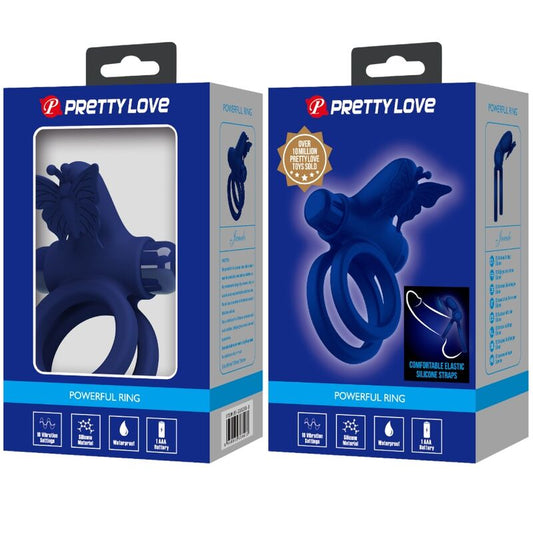 PRETTY LOVE - DVOJITÝ KROUŽEK JAMELE S VIBRACEMI A STIMULÁTOREM MOTÝLŮ, MODRÝ