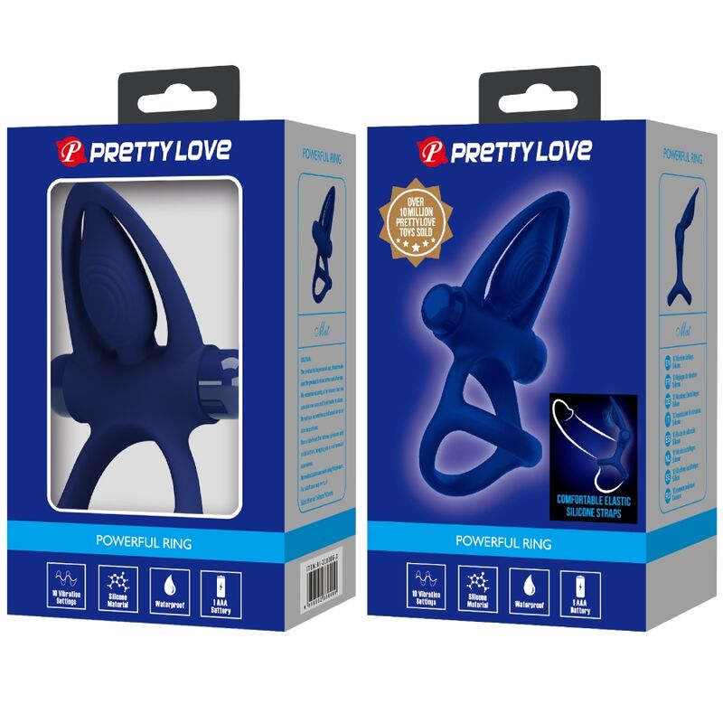 PRETTY LOVE - PODLOŽKA S DVOJITÝM KROUŽKEM S VIBRACEMI A STIMULAČNÍM STYLEM MODRÁ