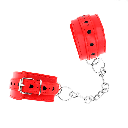KINK - ČERVENÉ ZÁPĚSTNÍ PÁSY S VLOŽKOU ČERNÝCH SRDÍČEK, NASTAVITELNÉ 21-28 CM X 5,5 CM