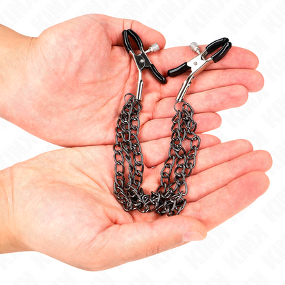 KINK - Svorky na bradavky se 3 řetízky, černé 20/23/28 cm