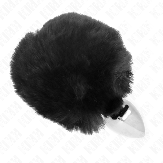 KINK - ZÁVĚR Z NEREZOVÉ OCELI 7 x 3 CM S ČERNÝM UMĚLÝM KOŽEŠINEM KRÁLIČÍHO OCASEM 8 CM