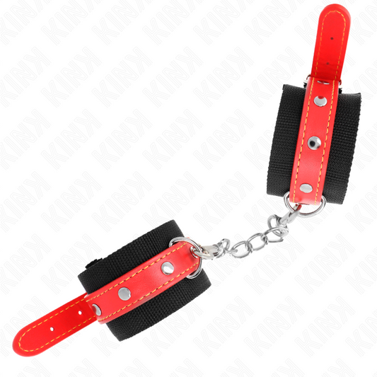 KINK - NYLONOVÉ ZÁPĚSTNÍ POVLAKY ČERNÉ S KOŽENKOU ČERVENÉ, NASTAVITELNÉ 19-24 CM X 5,5 CM