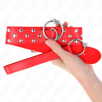 KINK - NÁHRDELNÍK S PÁSKEM, KROUŽKEM A NÝTY 65 CM, ČERVENÝ, NASTAVITELNÝ 36-50 CM X 3,8 CM