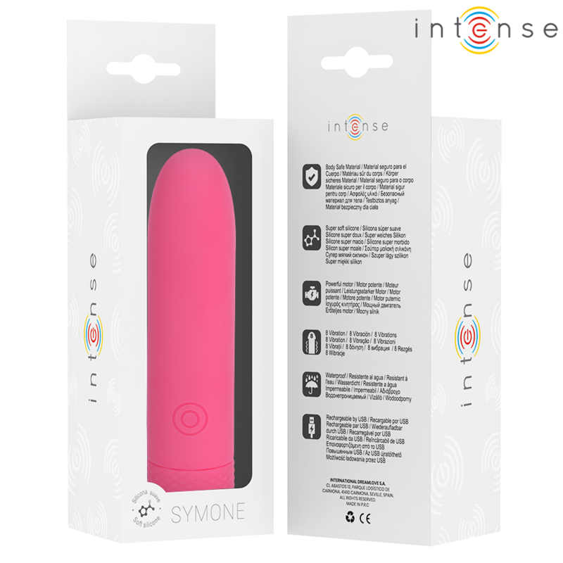 INTENSE - SYMONE USB DOBÍJECÍ VIBRACE BULLET 8 VIBRACÍ RŮŽOVÁ 10 X 2,2 CM