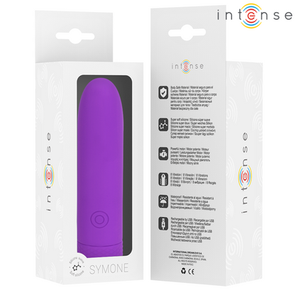 INTENSE - SYMONE USB DOBÍJECÍ VIBRACE BULLET 8 VIBRACÍ FIALOVÁ 10 X 2,2 CM