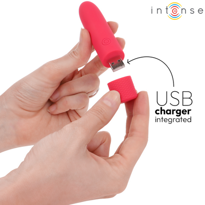 INTENSE - SYMONE USB DOBÍJECÍ VIBRACE BULLET 8 VIBRACÍ ČERVENÁ 10 X 2,2 CM