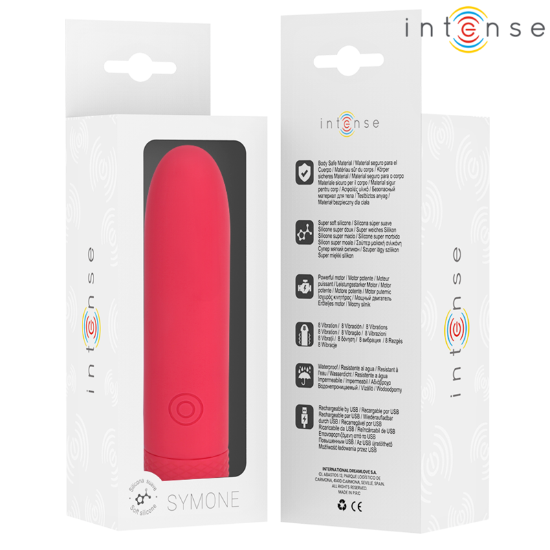 INTENSE - SYMONE USB DOBÍJECÍ VIBRACE BULLET 8 VIBRACÍ ČERVENÁ 10 X 2,2 CM