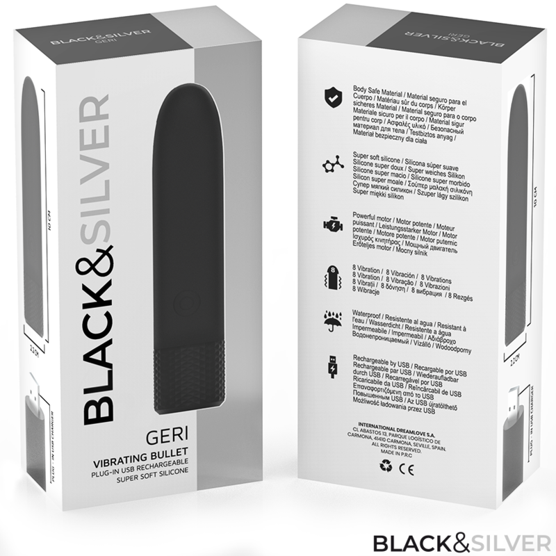 ČERNÁ A STŘÍBRNÁ - GERI USB DOBÍJECÍ VIBRACE BULLET 8 VIBRACÍ ČERNÁ 10 X 2,2 CM