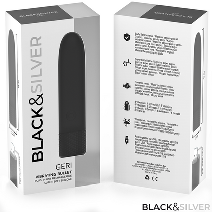 ČERNÁ A STŘÍBRNÁ - GERI USB DOBÍJECÍ VIBRACE BULLET 8 VIBRACÍ ČERNÁ 10 X 2,2 CM