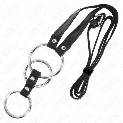 KINK - TROJITÝ KOVOVÝ KROUŽEK NA PENIS 3,8 CM AŽ 5 CM S KOŽENÝM OPÁSKEM 112 CM