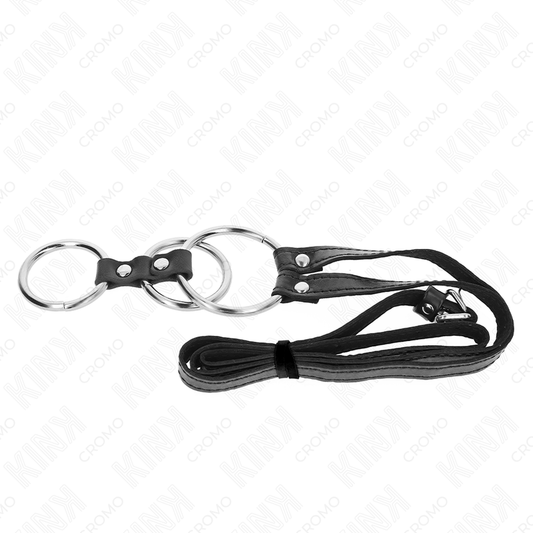 KINK - TROJITÝ KOVOVÝ KROUŽEK NA PENIS 3,8 CM AŽ 5 CM S KOŽENÝM OPÁSKEM 112 CM