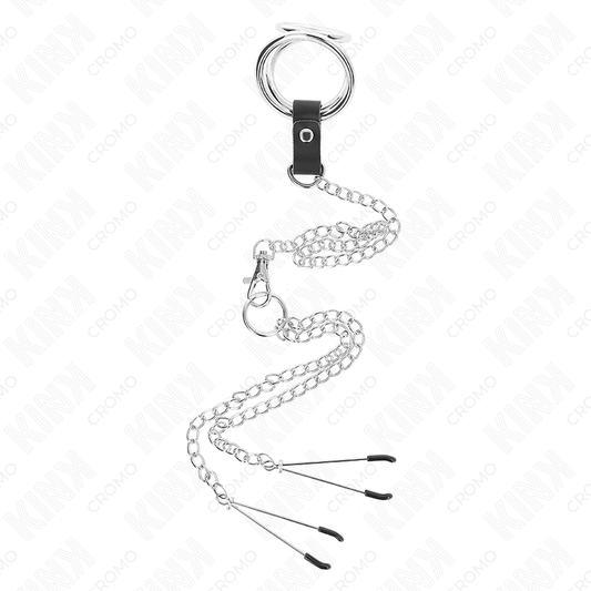 KINK - TROJITÝ CHROMOVÝ KOVOVÝ KROUŽEK NA PENIS 3 CM AŽ 4,5 CM S 26 CM KOVOVÝM ŘETÍZKEM A KLIPS NA BRADAVKY