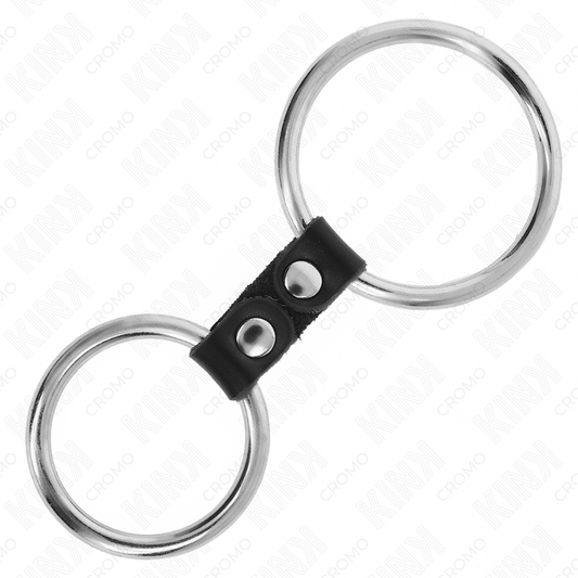 KINK - DVOJITÝ KOVOVÝ KROUŽEK NA PENIS 3,7 CM AŽ 5 CM SPOJENÝ KOŽENÝM ŘEMÍNKEM MODEL 2