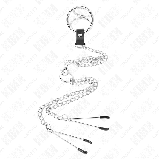 KINK - TROJITÝ CHROMOVÝ KOVOVÝ KROUŽEK NA PENIS 3,8 CM AŽ 5 CM S 26 CM KOVOVÝM ŘETÍZKEM A SVORKAMI NA BRADAVKY MODEL 2