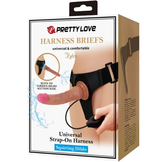 PRETTY LOVE - KYTON UNIVERZÁLNÍ POSTROJOVÉ KALHOTKY S STŘÍKACÍM DILDEM 19 CM MULATO