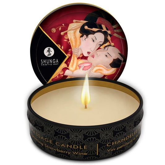 SHUNGA - MASÁŽNÍ SVÍČKA MINI CARESS BY CANDELIGHT S VONKOU JAHOD A CAVA 30 ML