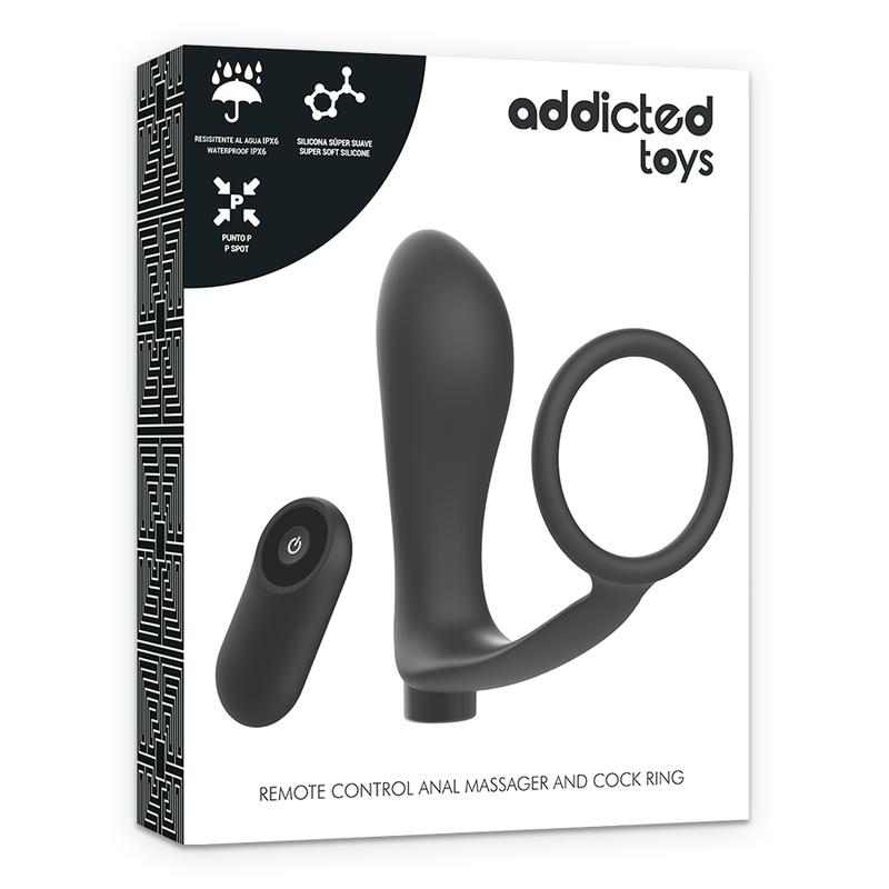 ADDICTED TOYS - PENISOVÝ KROUŽEK S DÁLKOVÝM OVLÁDÁNÍM, ANÁLNÍ KOLEČKA, ČERNÝ, DOBÍJECÍ